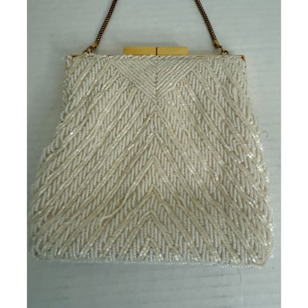 Vtg. Hand-Beaded White Evening Clutch Purse with Gold Chain Old Money Party 80s